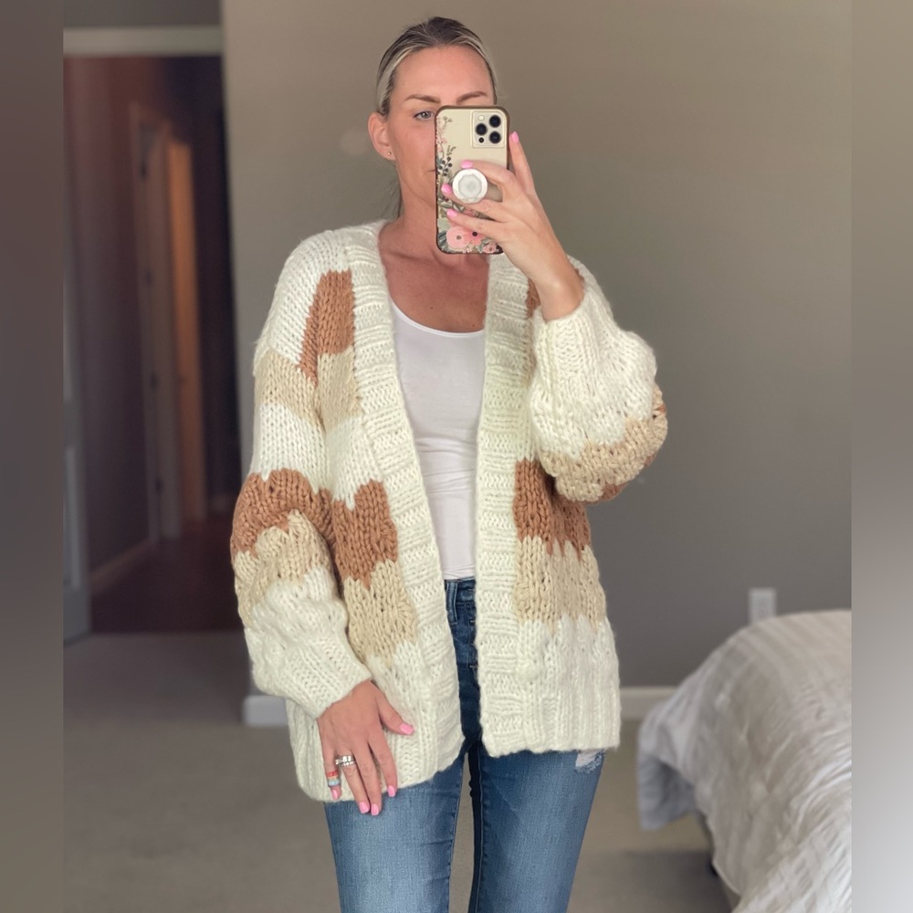Crocheted Ivory tan and cream cozy oversized open cardigan - s/m & m/l - Picture 3 of 5